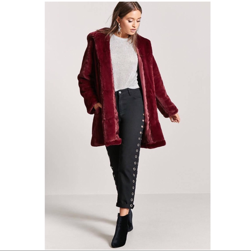 Burgundy Faux Fur Hooded Coat